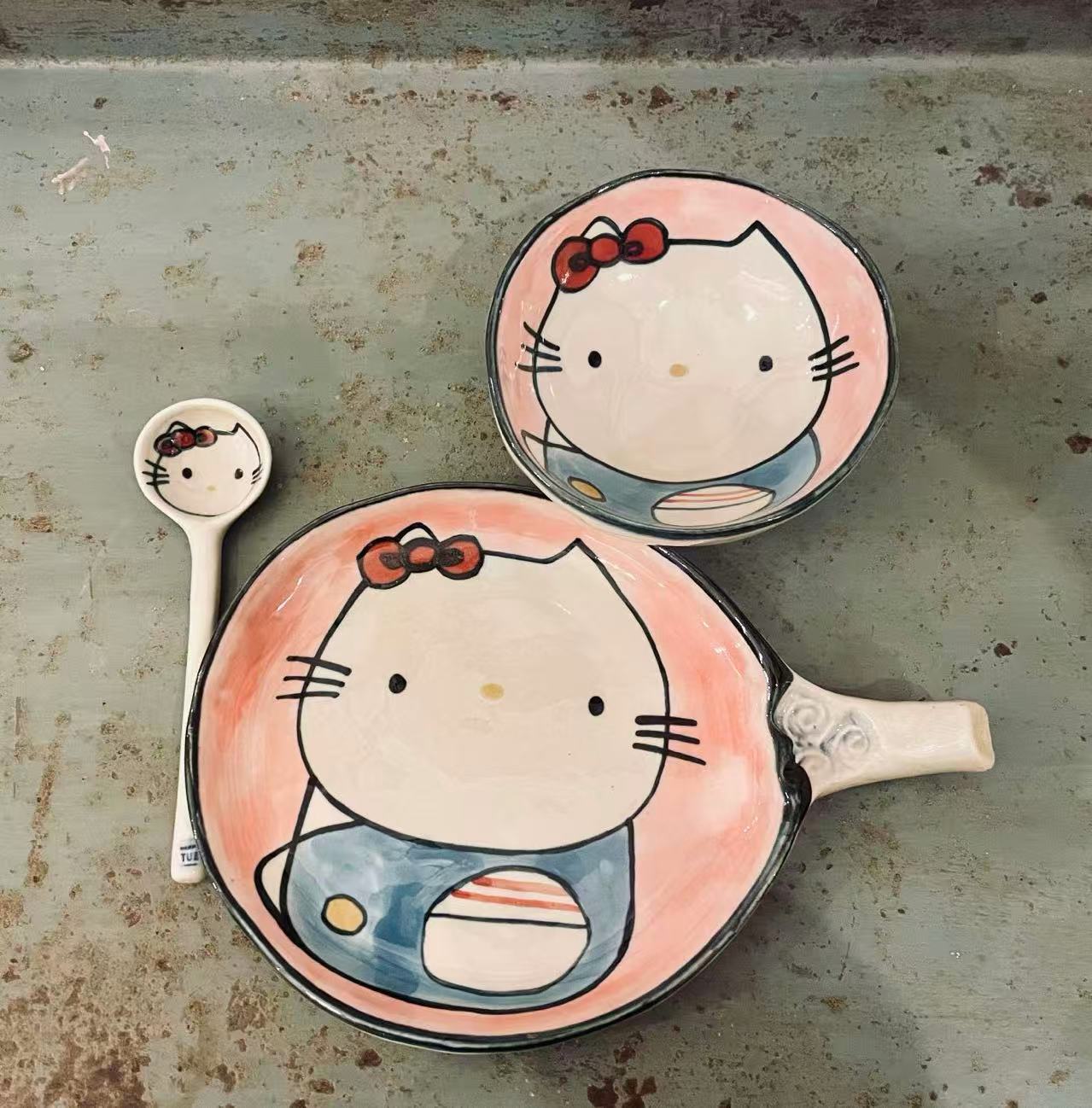 3 Piece Hello Kitty Ceramic Soup Bowl & Spoon Set