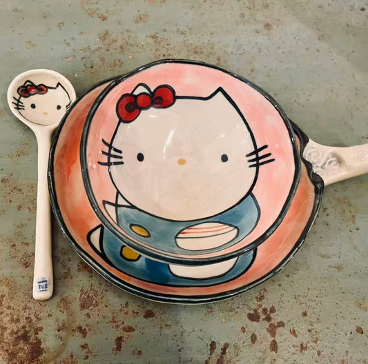3 Piece Hello Kitty Ceramic Soup Bowl & Spoon Set