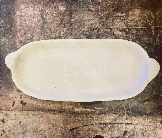 Matt Warm Ivory Long Oval Stoneware Plate With Handle