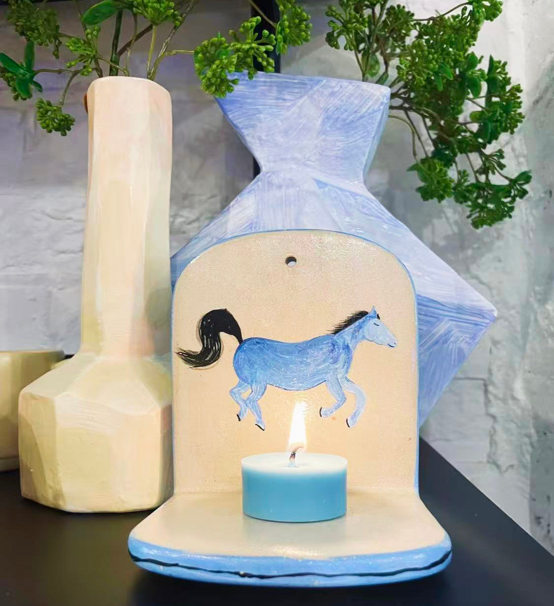 Handmade Ceramic Wall Sconce with Blue Horse Motif (One of a Kind)
