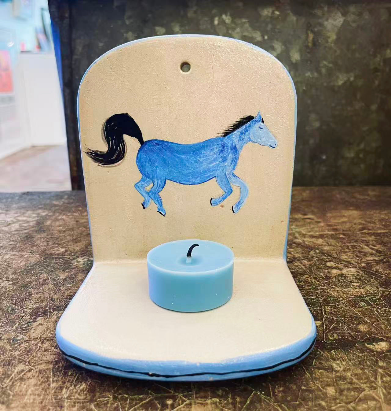 Handmade Ceramic Wall Sconce with Blue Horse Motif (One of a Kind)